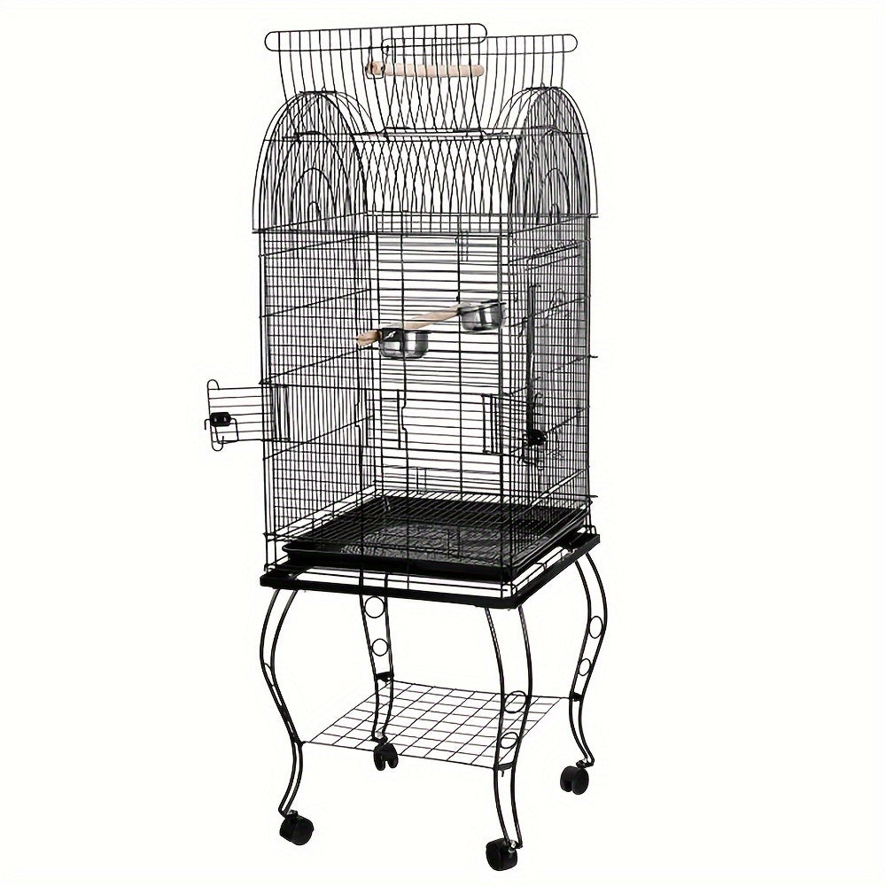 Vogelkooi – Parkietenkooi – Kanariekooi – Papegaaienkooi – Volière – Gepoedercoat Metaal – Open Bovenkant Met Rolstandaard 59x59x150 cm Zwart
