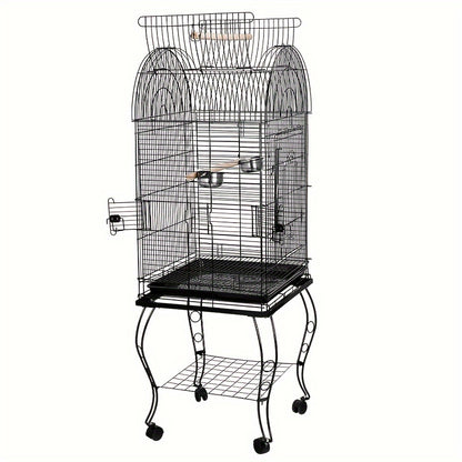 Vogelkooi – Parkietenkooi – Kanariekooi – Papegaaienkooi – Volière – Gepoedercoat Metaal – Open Bovenkant Met Rolstandaard 59x59x150 cm Zwart