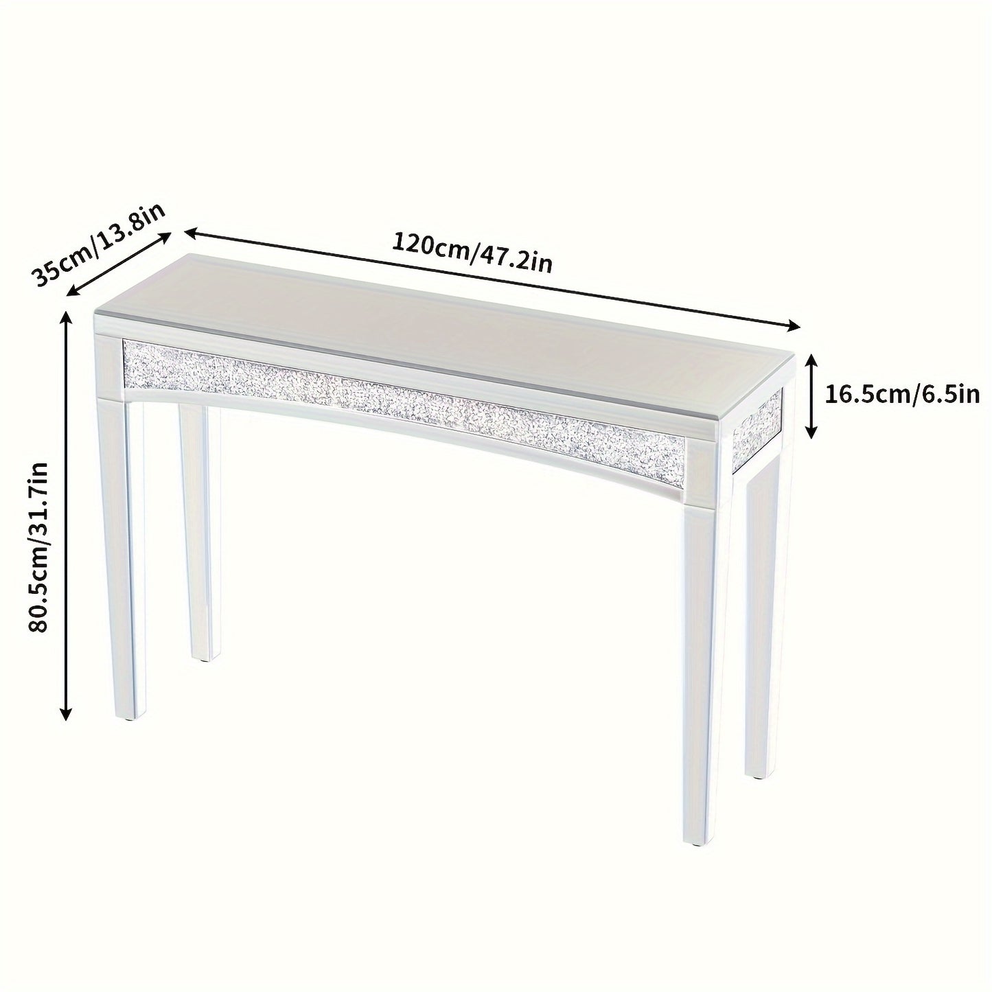 Spiegelende Sidetable – Console Tafel – Bijzettafel – Halmeubel – Make-uptafel – Glamoureuze Diamantkristal Afwerking – 120x35x80,5 cm – Glas en Hout