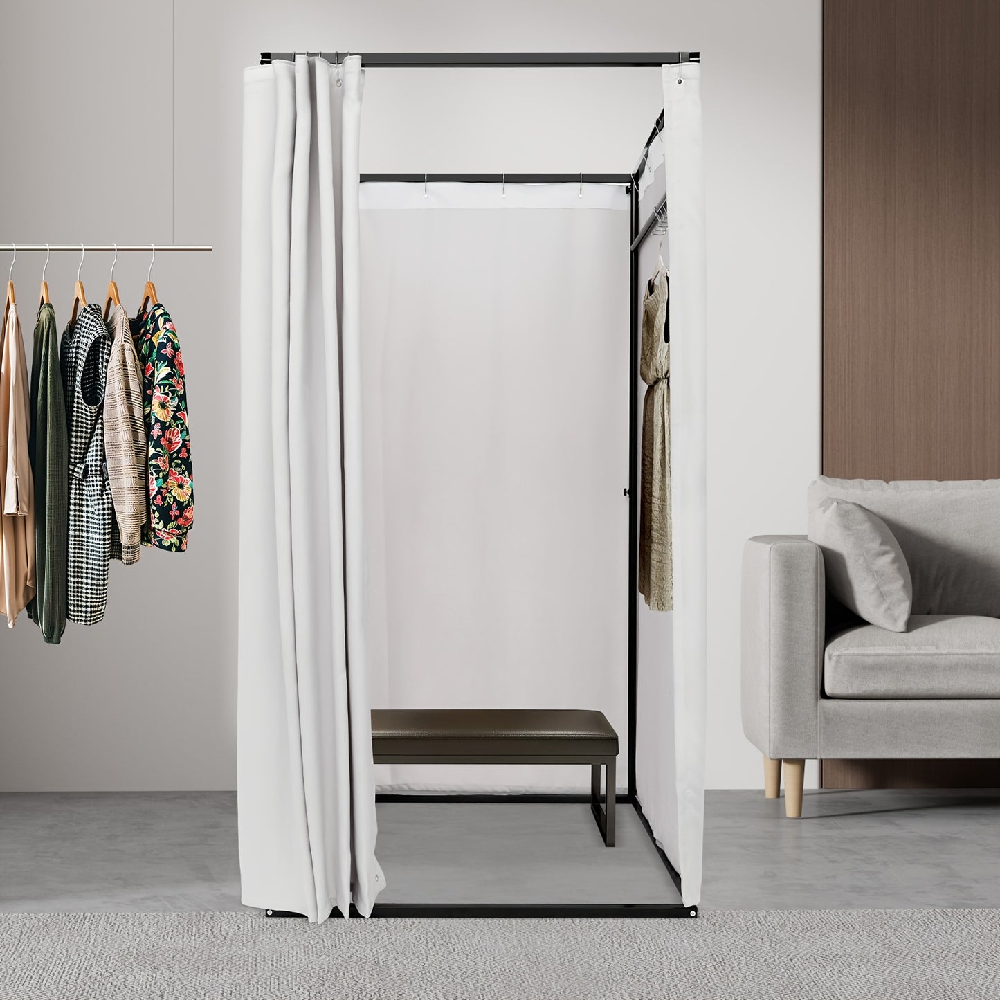 Pasmhokje – Paskamer – Kleedkamer – Pasruimte – Mobiele Paskamer – Stevig Metalen Frame – Machinewasbare Linnen Stof – Ruime Afmetingen 100x100x200 cm – Compact & Vrijstaand Grijs