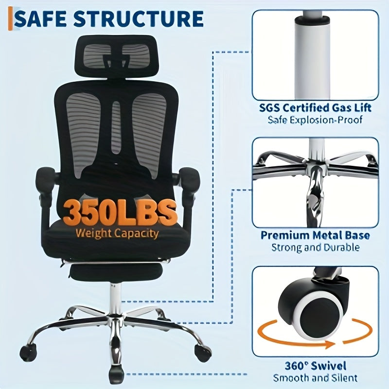 Bureaustoel – Ergonomische Stoel – Kantoorstoel – Office Chair – Draaistoel – Memory Foam Zitting – Verstelbare Lendensteun & Inklapbare Voetsteun – Metalen Frame – Zwart