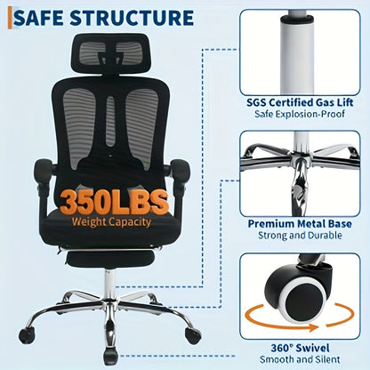 Bureaustoel – Ergonomische Stoel – Kantoorstoel – Office Chair – Draaistoel – Memory Foam Zitting – Verstelbare Lendensteun & Inklapbare Voetsteun – Metalen Frame – Zwart