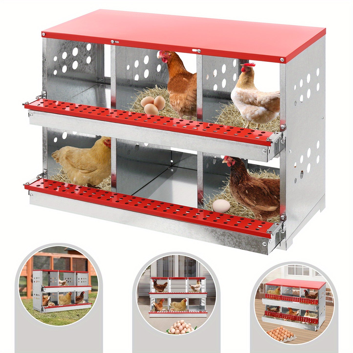Broedhok Kip – Kippennest – Legnest – Nestkast – Kippenhok Nest – Vrijstaand Met 6 Compartimenten – Gegalvaniseerd Staal en Ventilatie Openingen