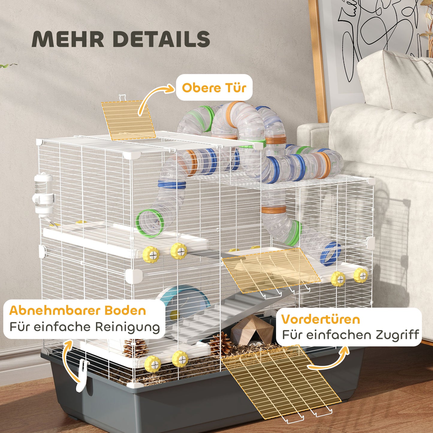 Dwerg Hamsterkooi – Hamsterkooi – Hamsterverblijf – Kleine Dierenkooi – Mini Dierenverblijf – 4 Verdiepingen Met Tunnel Systeem – Inclusief Accessoires En Bovenklep – Grijs 78x45x73 cm