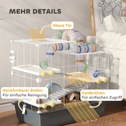 Dwerg Hamsterkooi – Hamsterkooi – Hamsterverblijf – Kleine Dierenkooi – Mini Dierenverblijf – 4 Verdiepingen Met Tunnel Systeem – Inclusief Accessoires En Bovenklep – Grijs 78x45x73 cm
