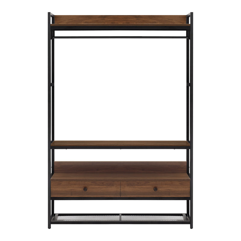 Garderobestand – Kledingrek – Kapstok – Schoenenrek – Opbergmeubel – Metalen Frame – Walnoot Look – 4 Planken – 2 Lades – 180x120x40 cm
