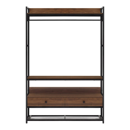 Garderobestand – Kledingrek – Kapstok – Schoenenrek – Opbergmeubel – Metalen Frame – Walnoot Look – 4 Planken – 2 Lades – 180x120x40 cm