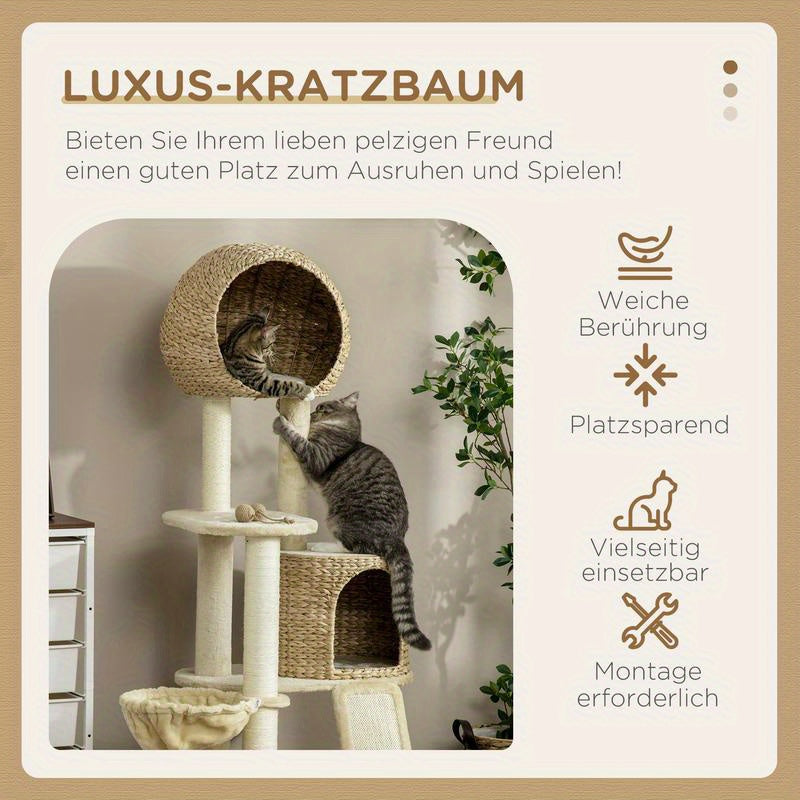 Scratch tree, with cat house, multiple platforms, hammock, scratching mat, tipping protection, beige, 60 x 60 x 150cm, Pet Scratching Post, Indoor Cat Tree, Multilevel Platforms, Cozy Cat House, Scratchresistant Material, Hig