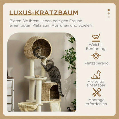 Scratch tree, with cat house, multiple platforms, hammock, scratching mat, tipping protection, beige, 60 x 60 x 150cm, Pet Scratching Post, Indoor Cat Tree, Multilevel Platforms, Cozy Cat House, Scratchresistant Material, Hig