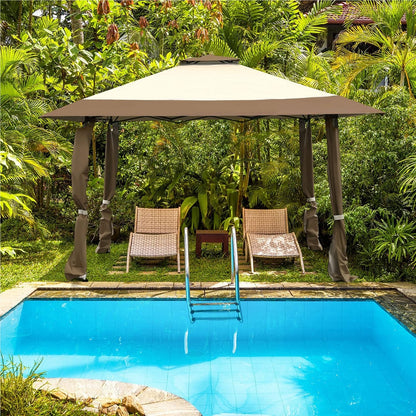 Paviljoen – Tuinpaviljoen – Tuintent – Gardentent – Pavilion 4x4m – Waterdicht – Dubbel Dak – UV Bescherming 50+ – Stevig Stalen Frame – Opvouwbaar Met Trolleytas – Winterbestendig – Bruin-Beige