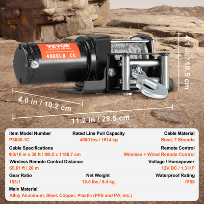 Elektrische Lier – Kabellier – Trekaanbouw – Sleepinstallatie – Offroad Lier – 1814,4 Kg Trekcapaciteit – IP55 Waterbestendig – Afstandsbediening – Zwart