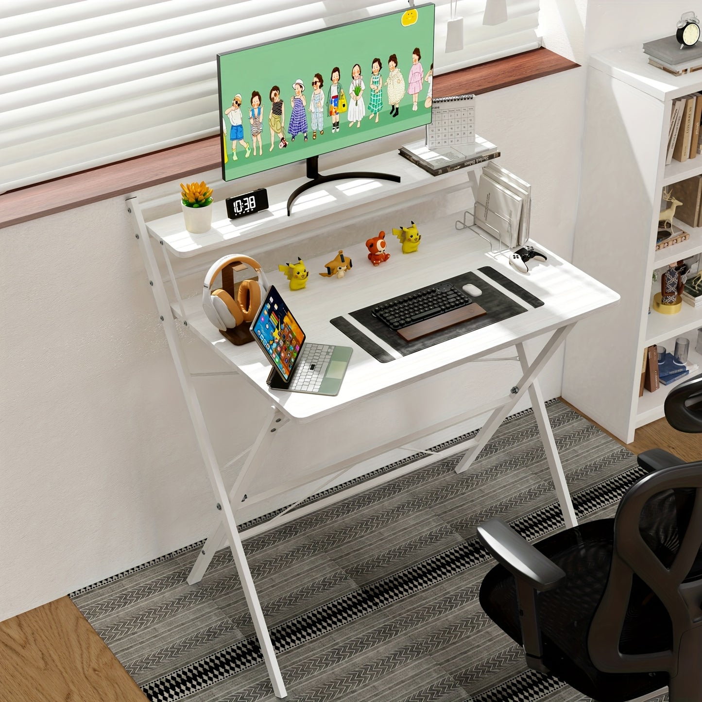 2-layer Long Table, Wooden White Desk, Modern Writing Desk, Multi-purpose, Home And University Dormitory, 80x50x75cm
