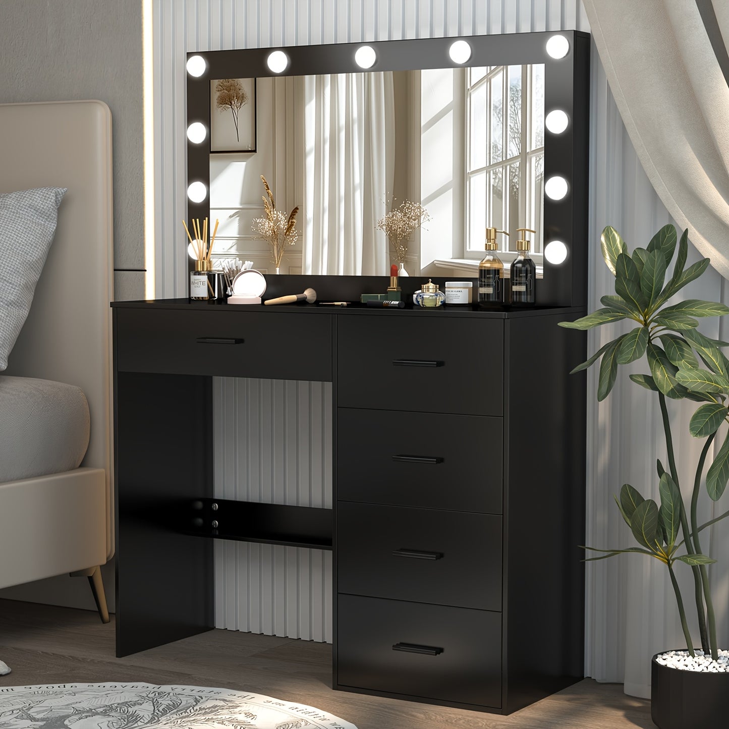 Kaptafel – Make-up Tafel – Dressing Table – Cosmeticatafel – Kapcommode – Massief Houten Zwart – Verlichte Spiegel Met 3 Lichtstanden – Ruime Lades