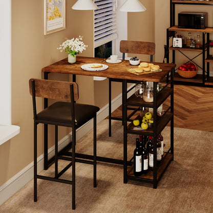 Eettafel – Keukentafel – Tafel – Eetkamertafel – Eethoek – Compact Rechthoekig MDF Tafelblad – Met 3 Opbergplanken en Gestoffeerde Barkrukken