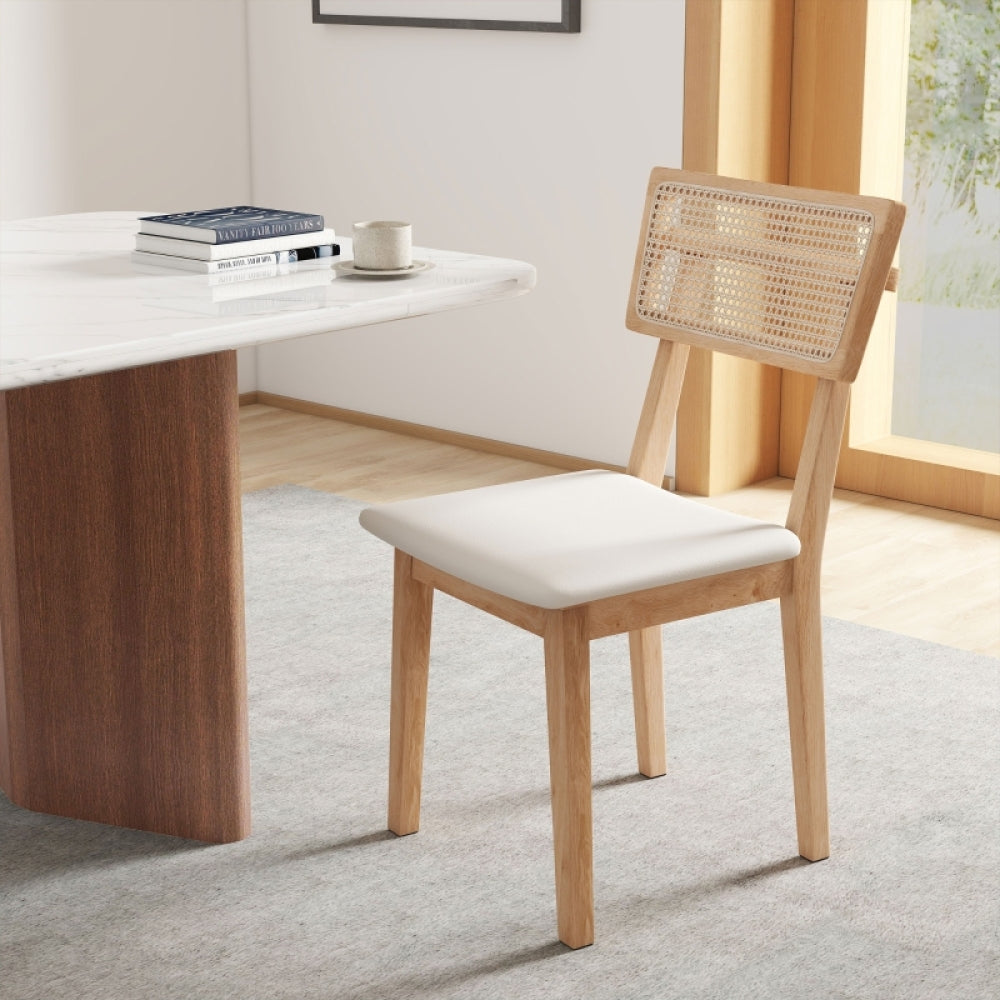 Eetkamerstoel – Keukenstoel – Stoel – Tafestoel – Rattan Rugleuning – Kunstleren Zitting – Rubberwood Frame – Natuurlijk Design