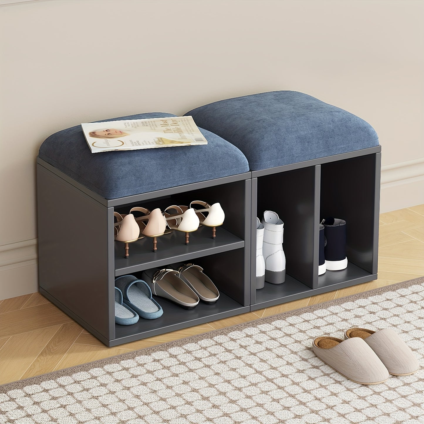 Schoenenbank – Schoenenkastje – Schoenenopberger – Schoenmeubel – Schoenenrek – Hout en Kunststof – Comfortabele Zitting – Compact & Ruimtebesparend - Grijsblauw