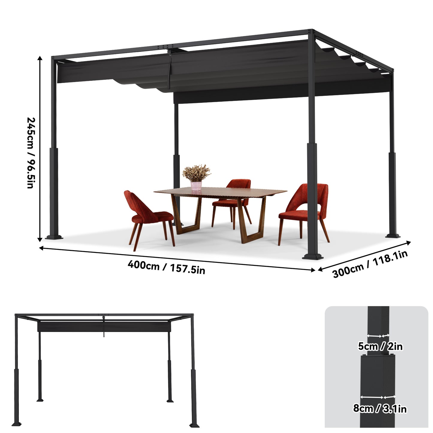 Pergola – Tuinoverkapping – Prieel – Terrasoverkapping – Balkonoverkapping – 3 x 3 meter – Stevig Metalen Frame – Verstelbare Schaduw