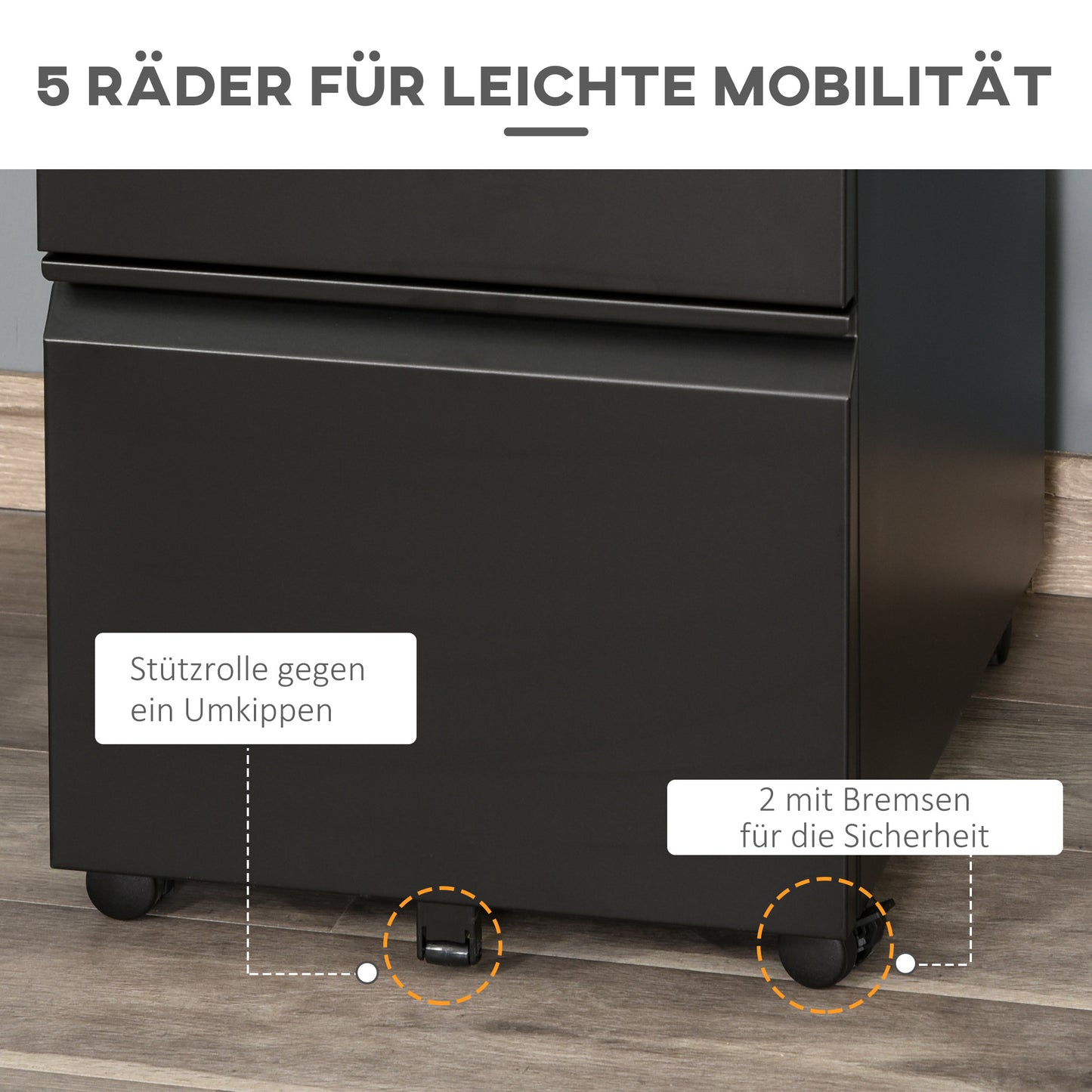 Rollcontainer – Ladenkast – Archiefkast – Bureaukast – Opbergkast – Zwart Stalen Bureaukast – 3 Laden Met Centrale Vergrendeling – 4 Zwenkwielen, Compact 39x48x60 cm