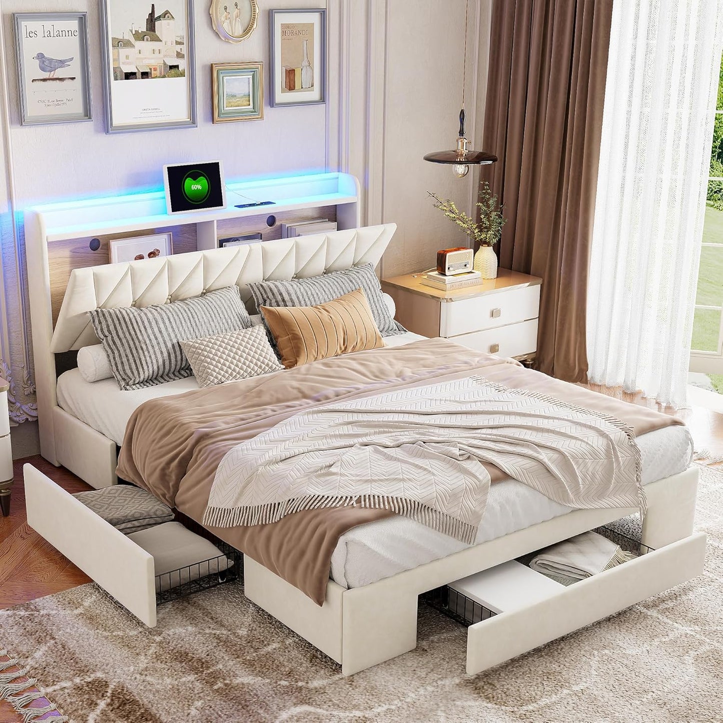 Bedframe – Tweepersoonsbed – Gestoffeerd Bed – Opbergbed – Slaapbank – 140x200 cm – USB Oplaadfunctie – LED Verlichting Met Afstandsbediening