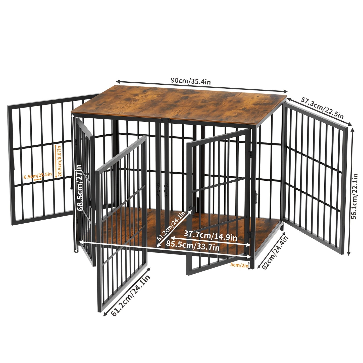 Hondenbench – Hondenkooi – Hondenmand – Puppyren – 90x62x68,5 CM – Stevig IJzeren Frame Met Houten Afwerking – Vier Deuren Met Tussenschot
