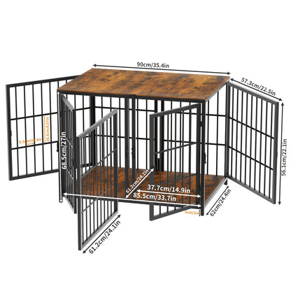 Hondenbench – Hondenkooi – Hondenmand – Puppyren – 90x62x68,5 CM – Stevig IJzeren Frame Met Houten Afwerking – Vier Deuren Met Tussenschot