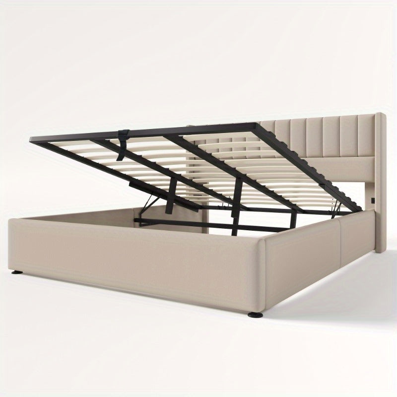 Opbergbed – Opbergbed Met Hydraulische Lift – Bed Met Opbergruimte – Gestoffeerd Bed – Slaapbed – 180x200 cm – Stevig Metalen Frame – Beige Linnen Bekleding