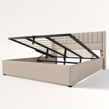 Opbergbed – Opbergbed Met Hydraulische Lift – Bed Met Opbergruimte – Gestoffeerd Bed – Slaapbed – 180x200 cm – Stevig Metalen Frame – Beige Linnen Bekleding