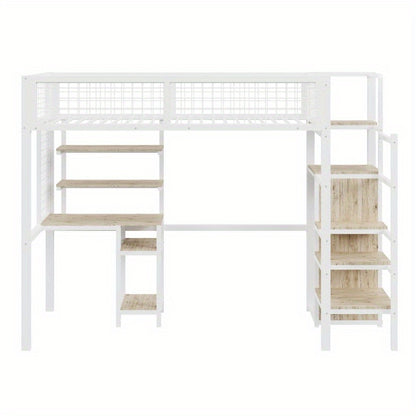 Hoogslaper – Kinderhoogslaper – Stapelbed – Eenpersoonsbed – Kinderbed – Met Veiligheidsladder – Metalen Kledingkast en Wit Bureau – 90x200 cm – Ruimtebesparend Design