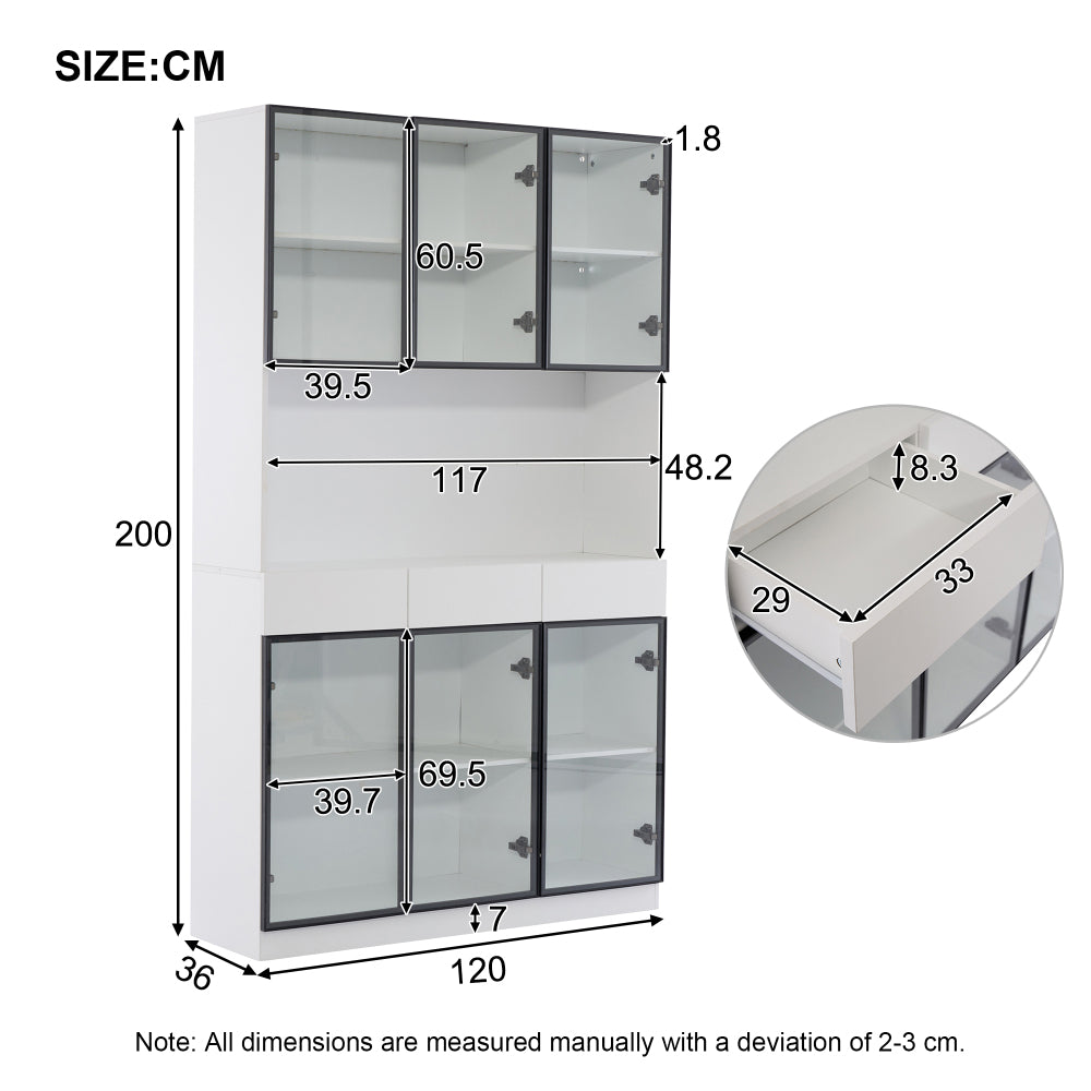 200 cm High Glass Cabinet Doors | White Multi-Tiered Storage Bookshelves with Black and White Door Frames, Suitable for Collectibles, Bedrooms, Living Rooms, and Offices, Contemporary Style, Metal Material