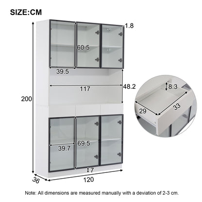 200 cm High Glass Cabinet Doors | White Multi-Tiered Storage Bookshelves with Black and White Door Frames, Suitable for Collectibles, Bedrooms, Living Rooms, and Offices, Contemporary Style, Metal Material