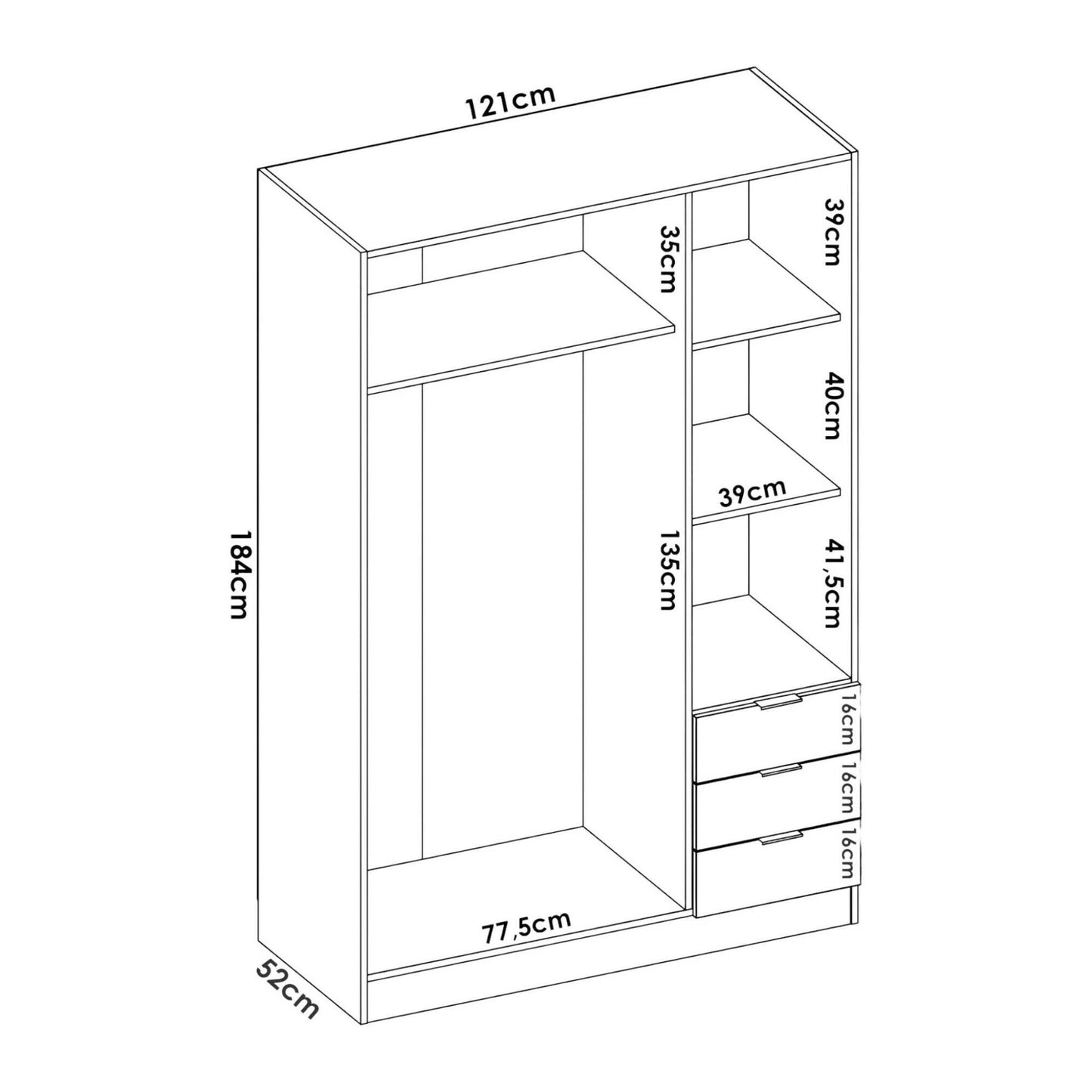Wardrobe 3 Doors in Front of Astru, Mobile Hangers for Bedroom, 3-Drawer Wardrobe, 121X52H184 Cm, Available in 3 Colors