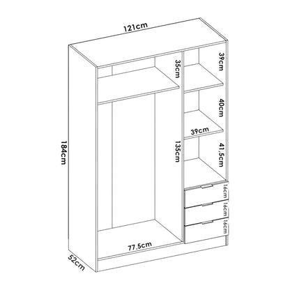 Wardrobe 3 Doors in Front of Astru, Mobile Hangers for Bedroom, 3-Drawer Wardrobe, 121X52H184 Cm, Available in 3 Colors