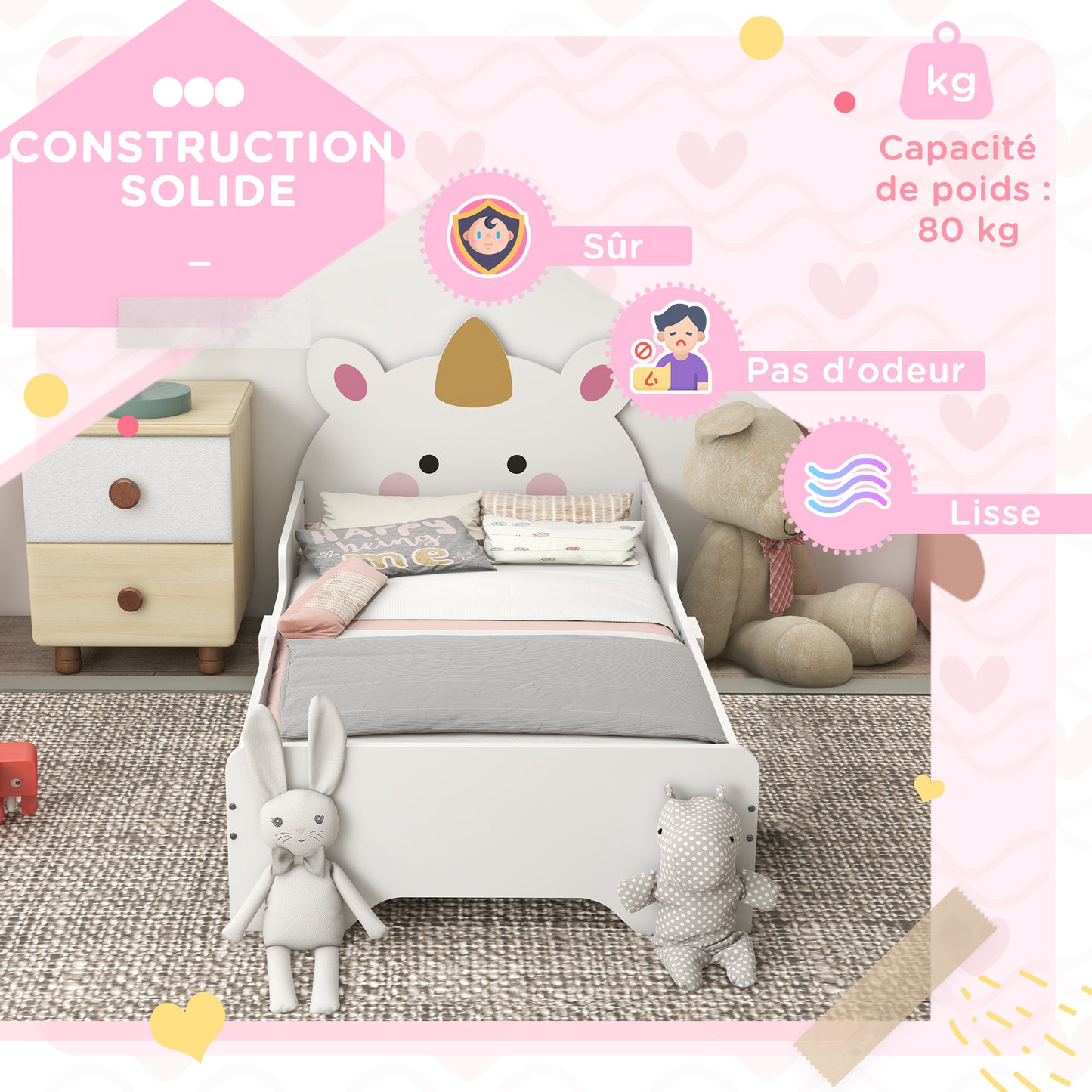 Kinderbed – Peuterbed – Jongensbed – Meisjesbed – Eenhoornbed – Laag Instapbed – MDF Constructie – 143x74x67 cm – Inclusief Lattenbodem – Veilig Zijhekje – Wit Met Eenhoornprint
