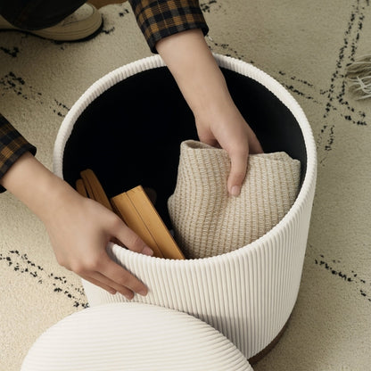 Poef – Opbergpoef – Hocker – Zitpoef – Voetenbankje – Crèmewit Corduroy – 30,6 L Opbergruimte – MDF Frame & Stalen Basis