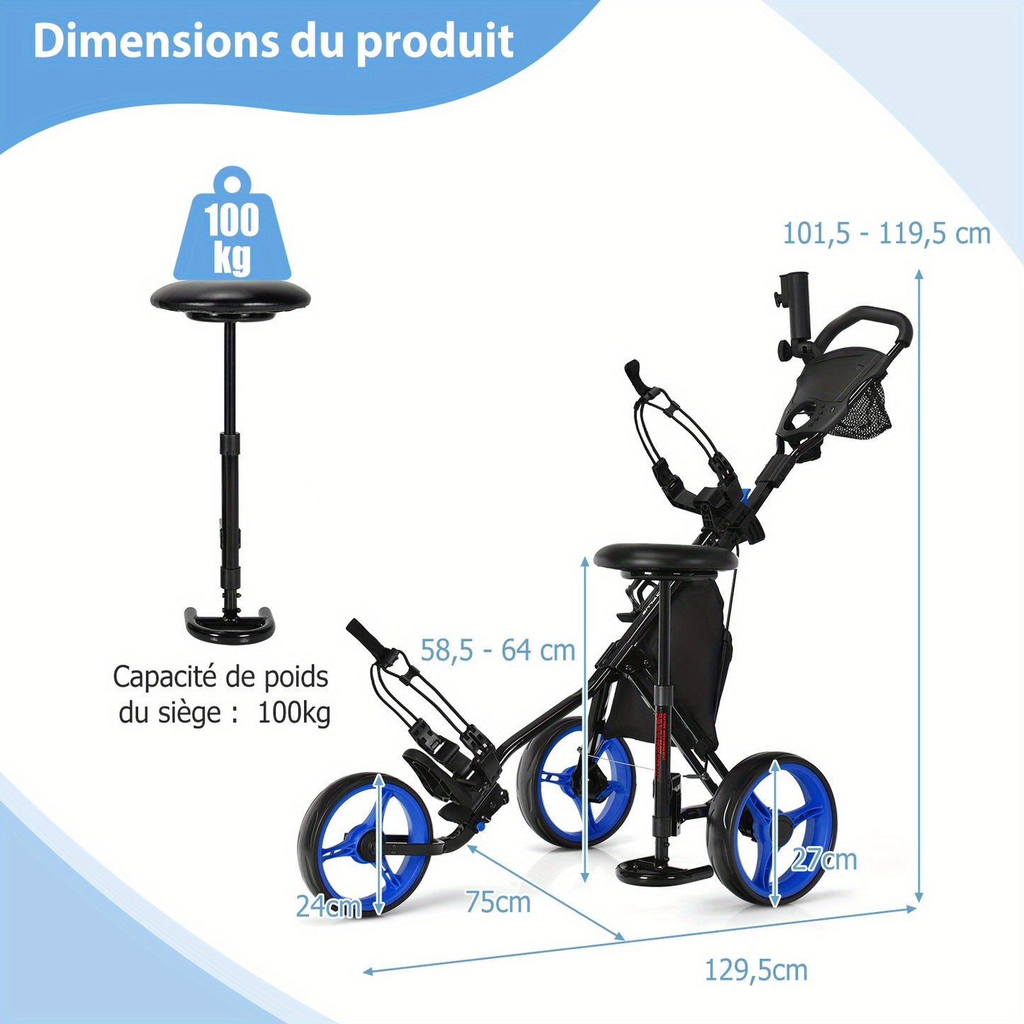 Golf Trolley – Golfkar – Golfwagen – Golfbuggy – Golfkarretje – Lichtgewicht 3-Wieler – Verstelbaar Zitje en Handvat – Duurzaam PP Materiaal – Inclusief Parapluhouder en Voetrem – Zwart
