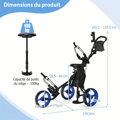 Golf Trolley – Golfkar – Golfwagen – Golfbuggy – Golfkarretje – Lichtgewicht 3-Wieler – Verstelbaar Zitje en Handvat – Duurzaam PP Materiaal – Inclusief Parapluhouder en Voetrem – Zwart