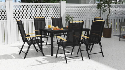 Tuinset 6 Personen – Tuinmeubelset – Buitenmeubelen – Terrasset – Balkonset – Verstelbare Rugleuningen – Duurzaam Aluminium Frame – Houtlook Tafelblad – Inklapbare Stoelen – Zwart