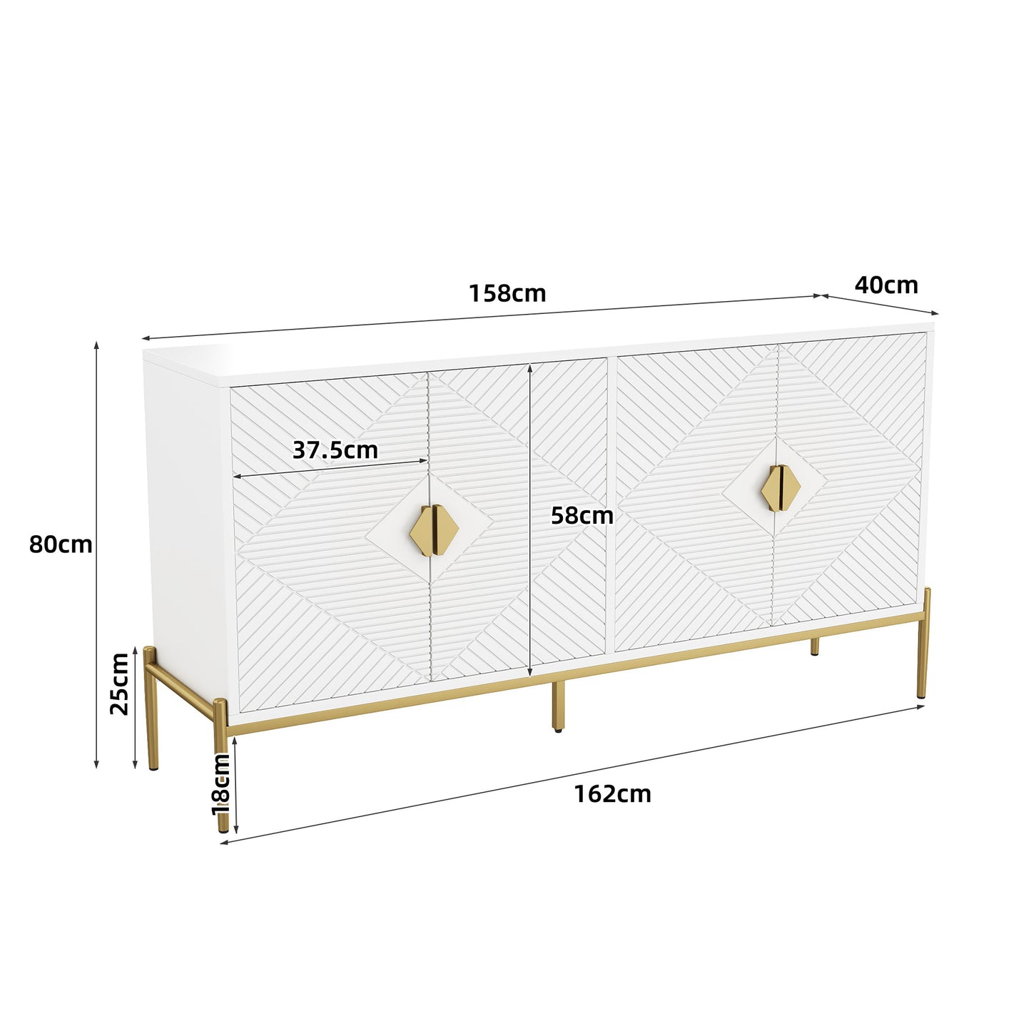 Sideboard – Opbergkast – Dressoir – Buffetkast – Woonkamerkast – Wit Modern Design – 4 Deuren Met Verstelbare Legplanken – Gouden Metalen Poten – 162x40x80 cm