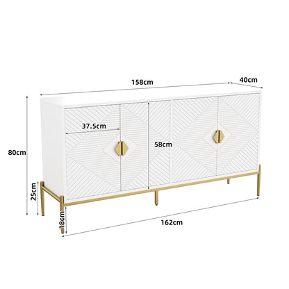 Sideboard – Opbergkast – Dressoir – Buffetkast – Woonkamerkast – Wit Modern Design – 4 Deuren Met Verstelbare Legplanken – Gouden Metalen Poten – 162x40x80 cm