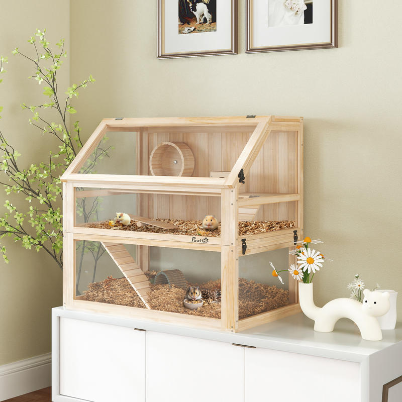3-Tier Wooden Hamster Cage Hinged Lid Running Wheel, Gerbil Cage, Hamster Cage Large, Hamster Enclosure, Hamster Supplies, Small Animal Cage, Cages For Small Animals, Hamster Habitat, Hamster Wheel, Hamster Hide, Hamster Tank