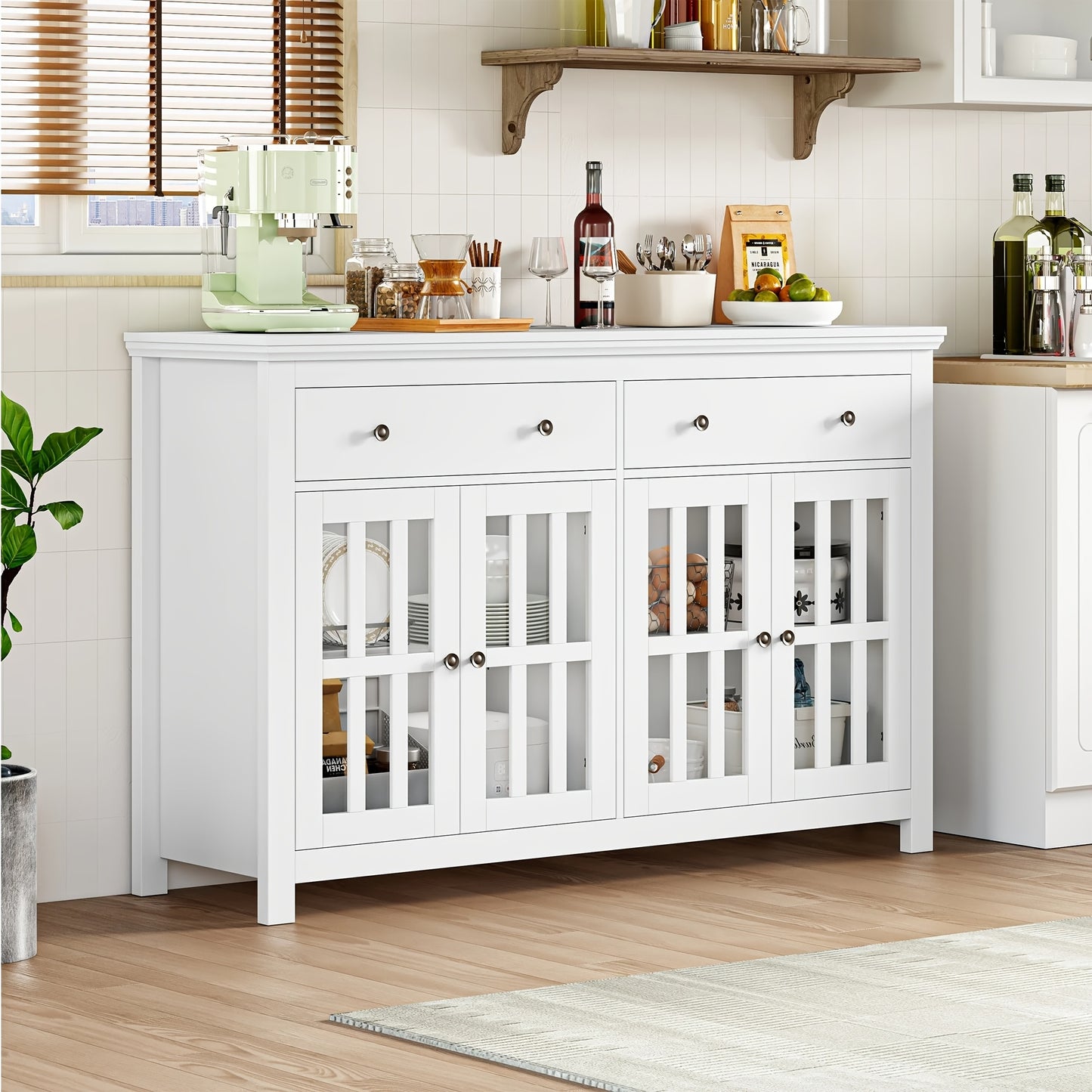 Dressoir – Sideboard – Opbergkast – Buffetkast – Kast – Wit – 140x90,7x40 cm – 2 Lades & 4 Glazen Deuren – Verstelbare Planken – Spaanplaat – Stevig & Ruim