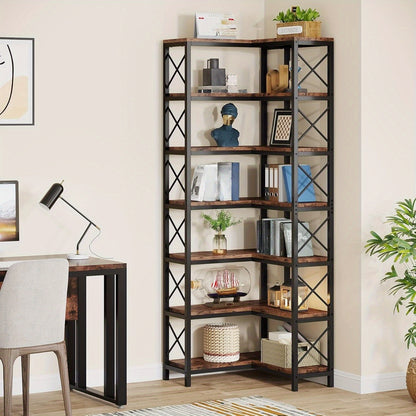 Boekenkast – Boekenrek – Opbergkast – Vakkenkast – Wandkast – 7-laags Hoekplank – Industrieel Design – Massief Hout Met Witte Afwerking