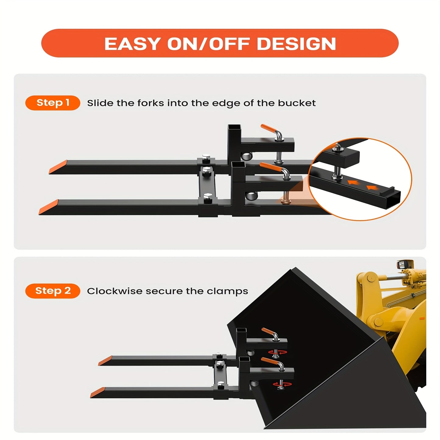 2000/4000/6000 Clamp-On Pallet Forks for Tractor Bucket - Heavy-Duty Quick Attach Bucket Forks with Adjustable Stabilizer Bar, Skid Steer & Loader Compatibility, Fits Attachments (No Tools/Compatible with Most Loader Buckets