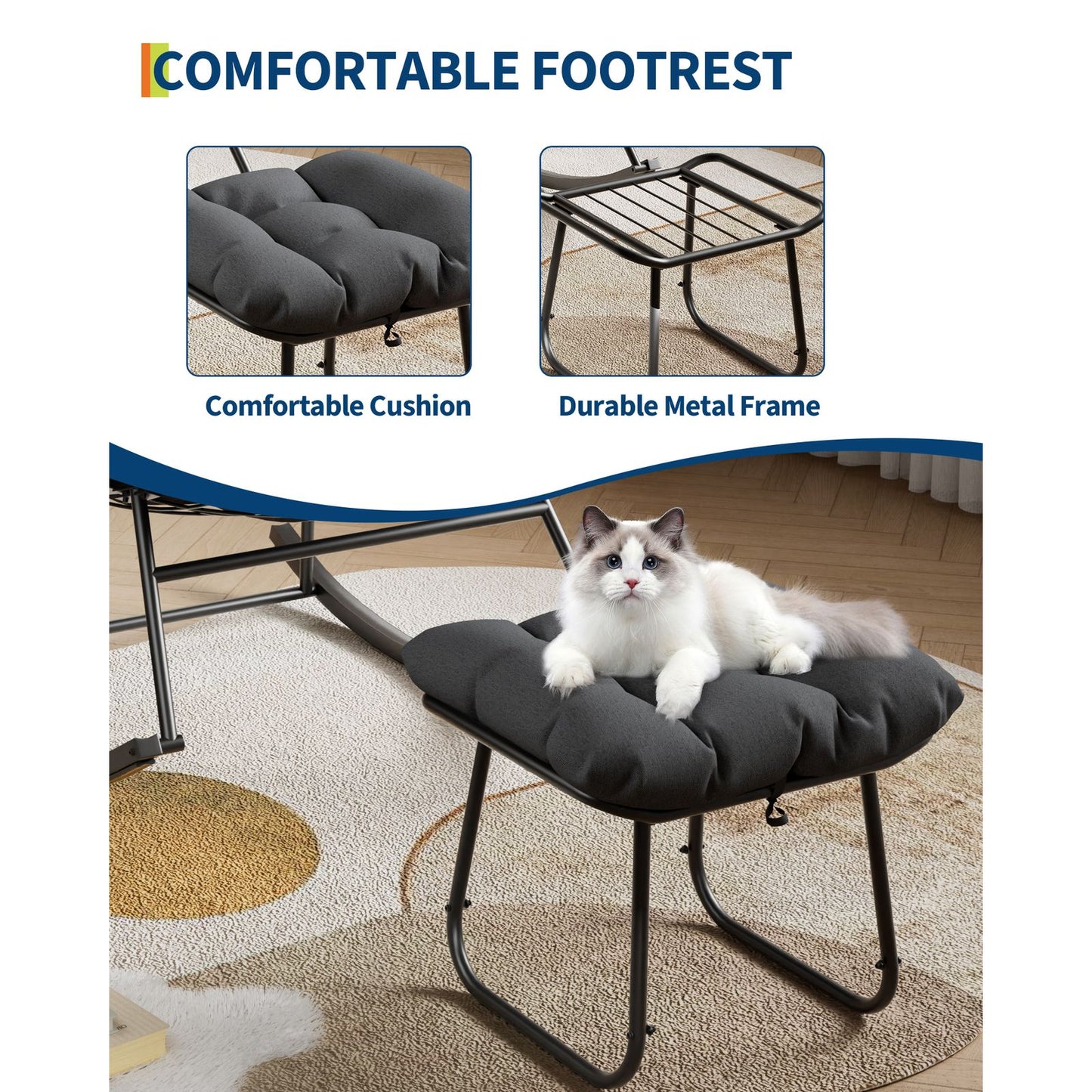Grand Patio Outdoor Rocking Chair with Footstool | Modern Iron Frame, Polished Finish, Comfort Cushion, Spot-clean Care, Ideal for Balcony, Patio, Porch