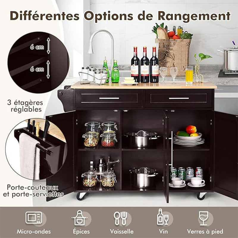 Keukentrolley – Keukenwagen – Servierwagen – Werktafel – Keukenkar – Houten Keukentrolley Met Wieltjes – 2 Schappen en 2 Lades – Verstelbare Plankniveaus – Compacte Afmetingen 122x46x93 cm