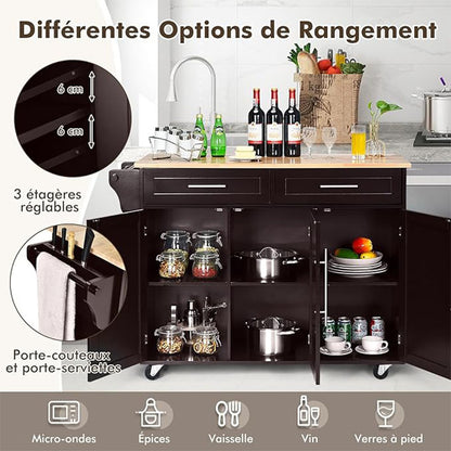 Keukentrolley – Keukenwagen – Servierwagen – Werktafel – Keukenkar – Houten Keukentrolley Met Wieltjes – 2 Schappen en 2 Lades – Verstelbare Plankniveaus – Compacte Afmetingen 122x46x93 cm