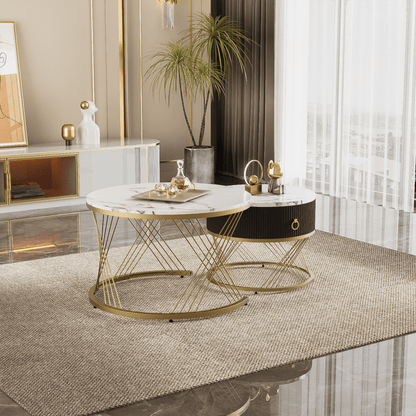 Salontafel – Koffietafel – Bijzettafel – Tafeltje – Woonkamertafel – Wit MDF Met Gouden Accenten – 2-Delige Set Met Lade En Verstelbare Pootjes