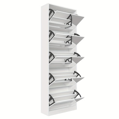Shoe Storage Unit with a Full-Length Mirror, Featuring a Double Rack And Five Flip Drawers, Designed in White Wood for Organizing Shoes in Entryways, Hallways, And Corridors.