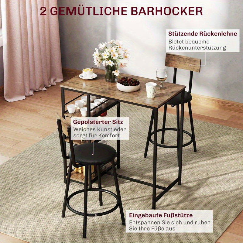 3-in-1 Barset – Bartafel – Hoogtafel – Bistroset – Eethoek – Ruimtebesparend – Stevig MDF en Metaal – Inclusief 2 Comfortabele Stoelen met Kussens