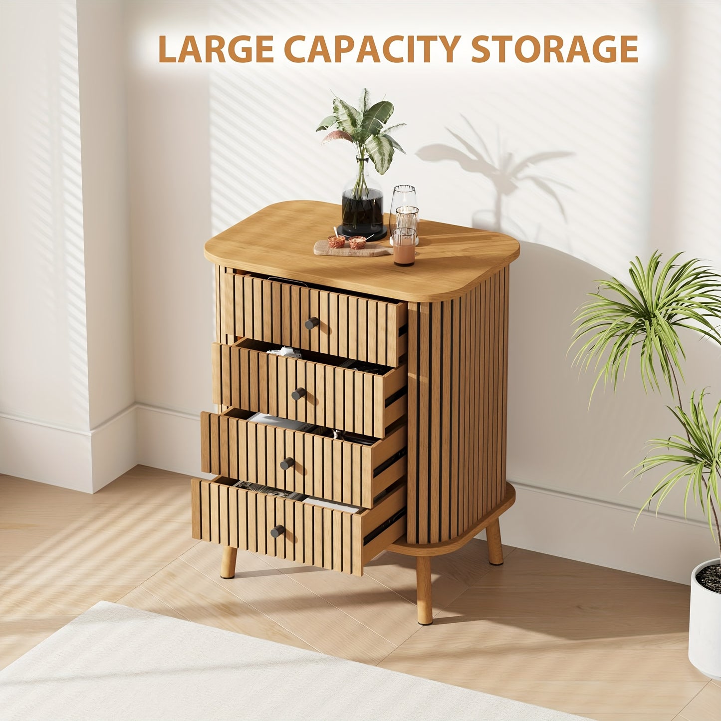 Nachtkastje – Ladekast – Opbergkast – Bedkast – Boho Wicker Kast – Natuurlijk Houtlook – 4 Laden – Ruime Opbergruimte – Compact & Duurzaam Design